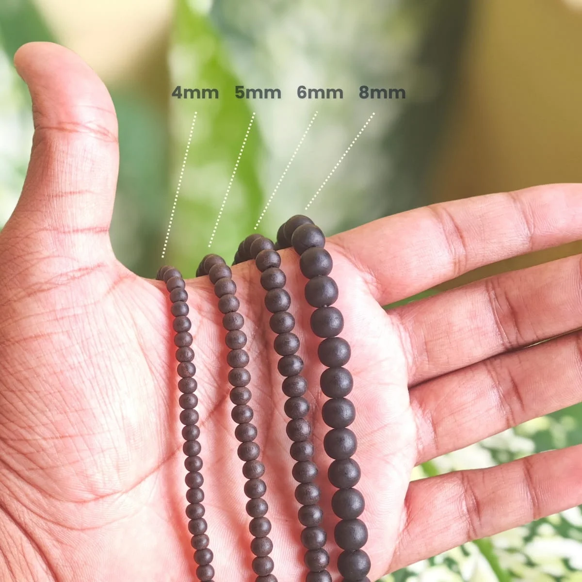 Karungali Mala bead size comparison chart 4mm to 8mm