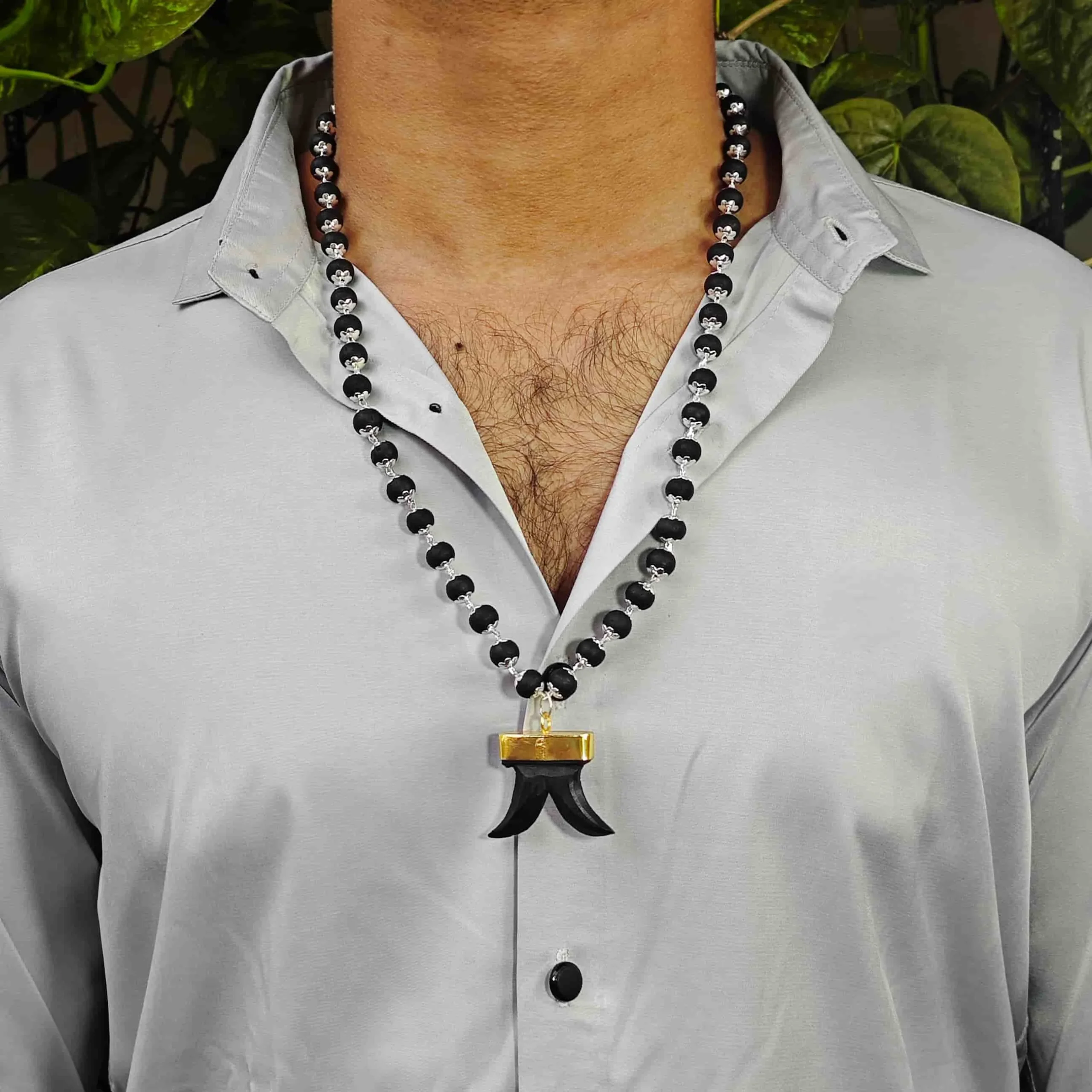 Natural Karungali Mala with Tiger Teeth Pendant – 54 Beads German Silver