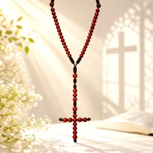 Red Sandalwood Christian Rosary with Wooden Beads Cross